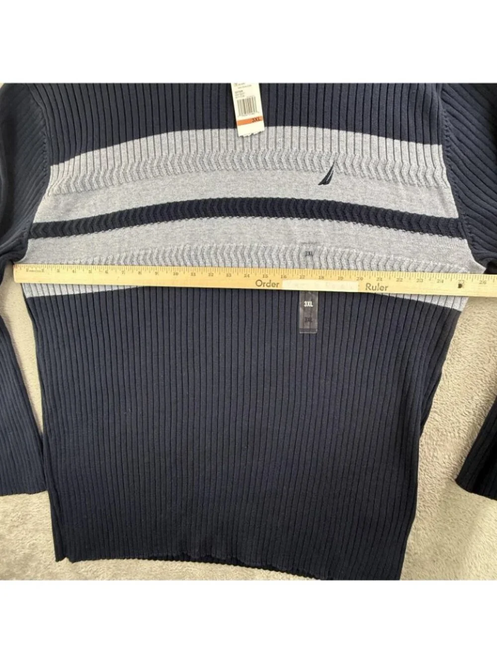 Nautica Sweater Mens 3XL Navy Gray Striped Crewneck Cotton Knit Ribbed Pullover